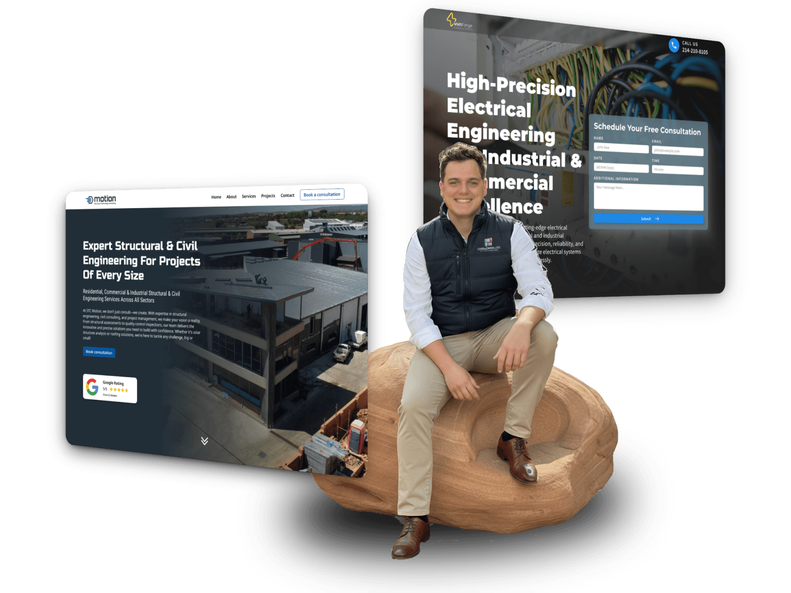 Marais Roos, director of Cobble Road Labs, sits smiling on a sandstone rock, with two website screenshots behind him. One highlights structural engineering, and the other electrical engineering.