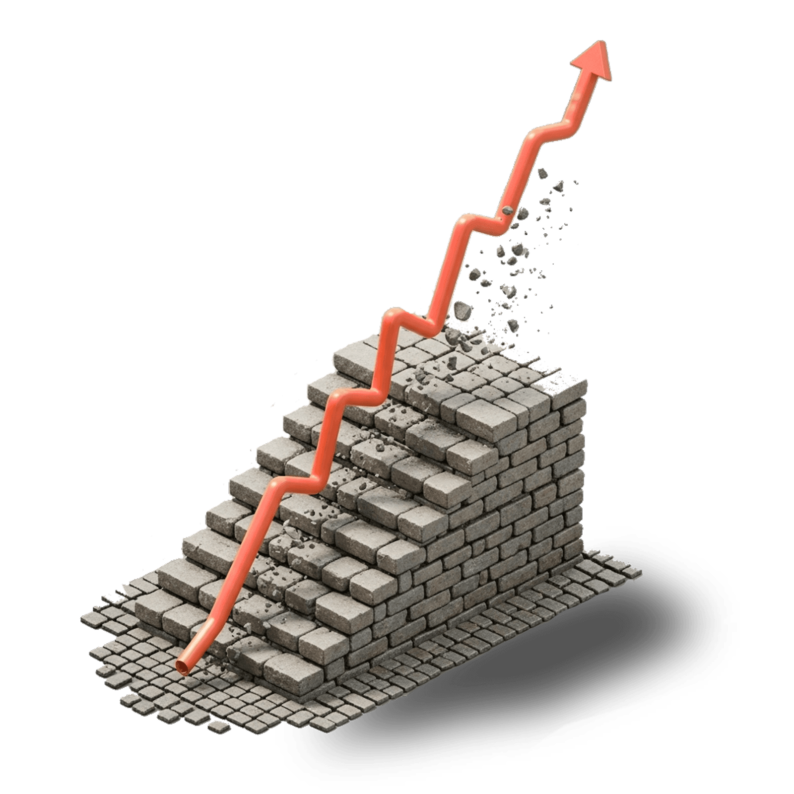 Orange zigzag arrow breaking through a stone staircase, symbolizing growth and overcoming obstacles, on a blank background. Dynamic and bold imagery.