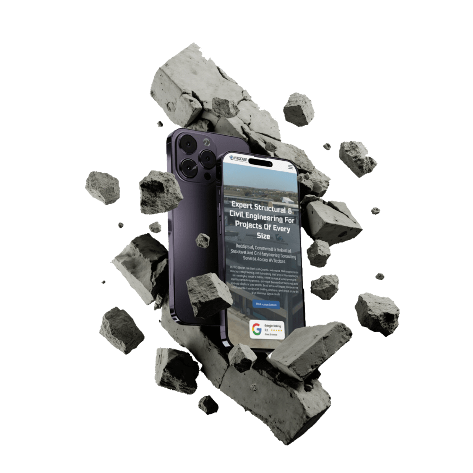 A smartphone with a modern web design for engineering services is surrounded by floating concrete debris on a blank background, conveying impact.